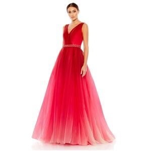 NWT Mac Duggal Red Ombre Tulle V-Neck Sleeveless Beaded Gown 4